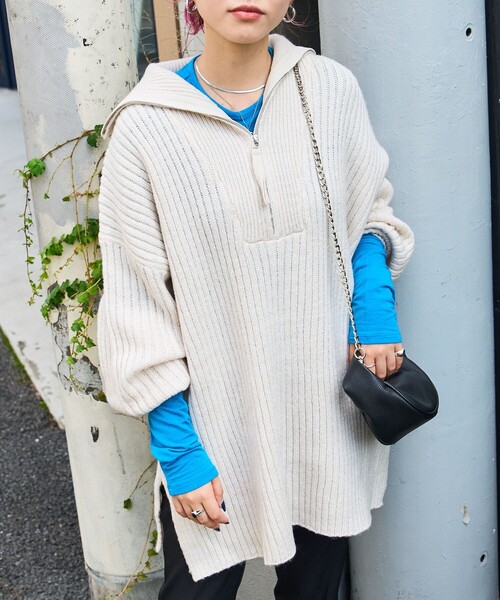 PUBLUX（パブリュクス）の「PUBLUX/パブリュクス リブ編みハーフジップビッグプルオーバーニット（ニット/セーター・レディース・グリーン/オレンジ/ブラック/ナチュラル・ﾌﾘ-）」の8枚目の写真