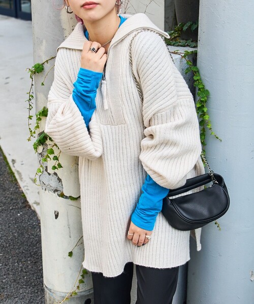 PUBLUX（パブリュクス）の「PUBLUX/パブリュクス リブ編みハーフジップビッグプルオーバーニット（ニット/セーター・レディース・グリーン/オレンジ/ブラック/ナチュラル・ﾌﾘ-）」の9枚目の写真