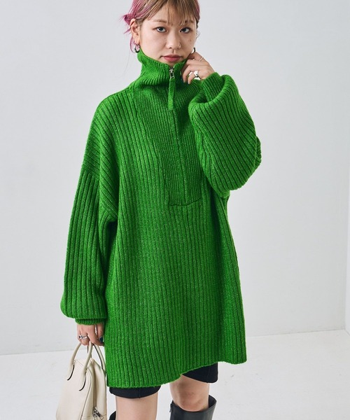 PUBLUX（パブリュクス）の「PUBLUX/パブリュクス リブ編みハーフジップビッグプルオーバーニット（ニット/セーター・レディース・グリーン/オレンジ/ブラック/ナチュラル・ﾌﾘ-）」の4枚目の写真