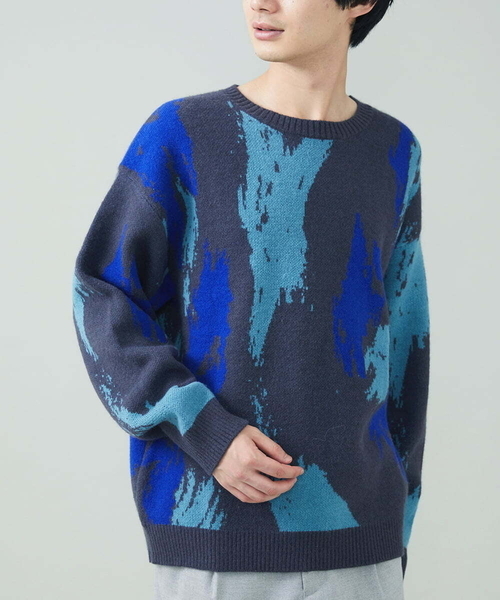 a.v.v(アーヴェヴェ)の「ペインター柄ワイドシルエットクルーニット(ニット/セーター・メンズ・ブラウン/チャコールグレー・48/50/46)」の1枚目の写真