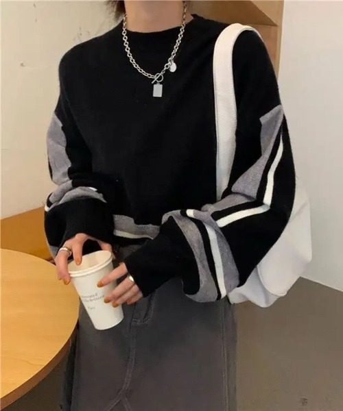 LYEON(リヨン)の「配色ショートニット(ニット/セーター・レディース・グレー/ブラック/ホワイト・FREE)」の10枚目の写真