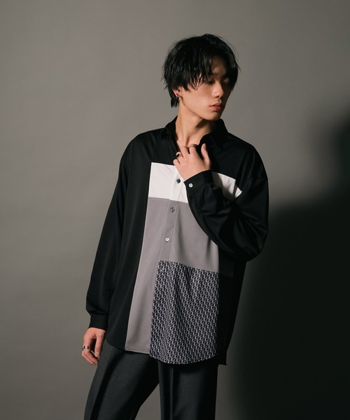 UNIIT(ユニット)の「【UNIIT/ユニット】ポリストレッチ 切り替え ルーズシルエット ビッグシルエット シャツ 幾何学模様 ジオメトリック 韓国ファッション モードファッション キレイ目(シャツ/ブラウス・メンズ・ホワイト/ブラック/ベージュ・MEDIUM/LARGE)」の2枚目の写真