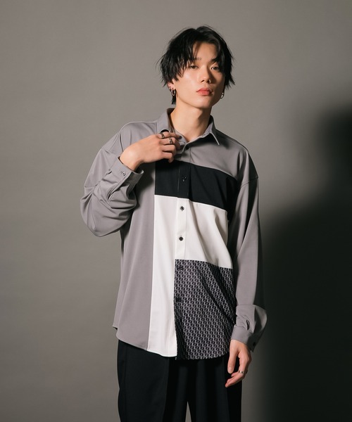 UNIIT(ユニット)の「【UNIIT/ユニット】ポリストレッチ 切り替え ルーズシルエット ビッグシルエット シャツ 幾何学模様 ジオメトリック 韓国ファッション モードファッション キレイ目(シャツ/ブラウス・メンズ・ホワイト/ブラック/ベージュ・MEDIUM/LARGE)」の12枚目の写真