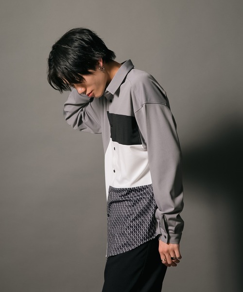 UNIIT(ユニット)の「【UNIIT/ユニット】ポリストレッチ 切り替え ルーズシルエット ビッグシルエット シャツ 幾何学模様 ジオメトリック 韓国ファッション モードファッション キレイ目(シャツ/ブラウス・メンズ・ホワイト/ブラック/ベージュ・MEDIUM/LARGE)」の13枚目の写真