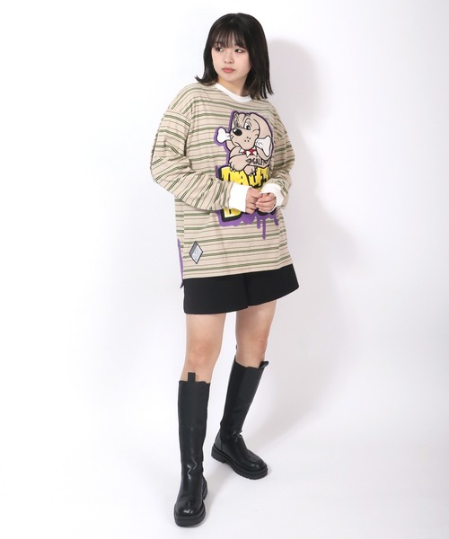 ガルフィー Tシャツ ロンT わんわん落書き ボーダー ロン Tee 長袖 Tシャツ GALFY 131006 紺 緑 ベージュ ネイビー グリーン L XL TGC GALFY（ガルフィー）の「GALFY (ガルフィー）わんわん落書きボーダー