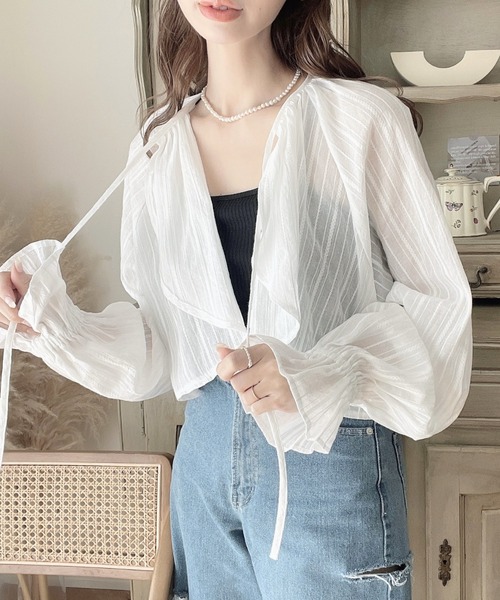 moment+(モーメントプラス)の「【累計販売枚数2万枚突破!】ドビーストライプ2WAYスリーブ クロップド丈ショートカーデブラウス(カーディガン/ボレロ・レディース・ナチュラル/アイボリー/ブラック・M/L)」の22枚目の写真