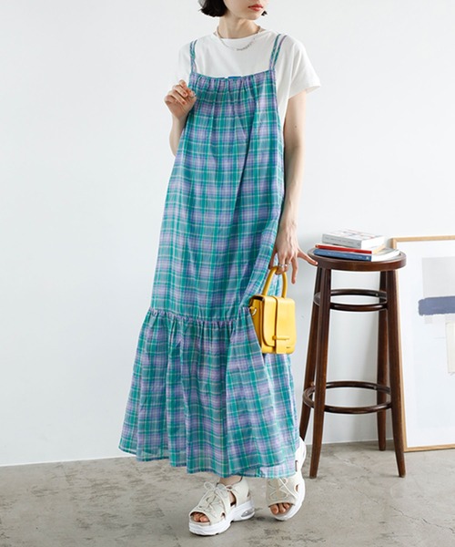 GeeRA（ジーラ）の「チェック柄フレアーキャミワンピース（ワンピース・レディース・オレンジ/ラベンダー・LARGE/MEDIUM）」の9枚目の写真