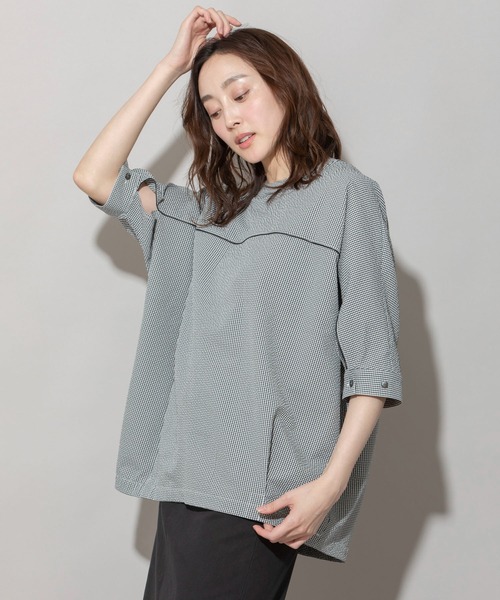 Munich（ミューニック）の「ギンガムチェックサッカークルーネックシャツ（シャツ/ブラウス・レディース・オレンジ/ブラック/パープル・FREE）」の4枚目の写真