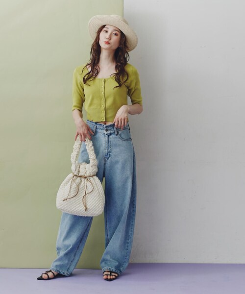 FREE'S MART（フリーズマート）の「◆ドローイング巾着バッグ（ハンドバッグ・レディース・ホワイト/ブラック/グリーン・ﾌﾘ-）」の8枚目の写真