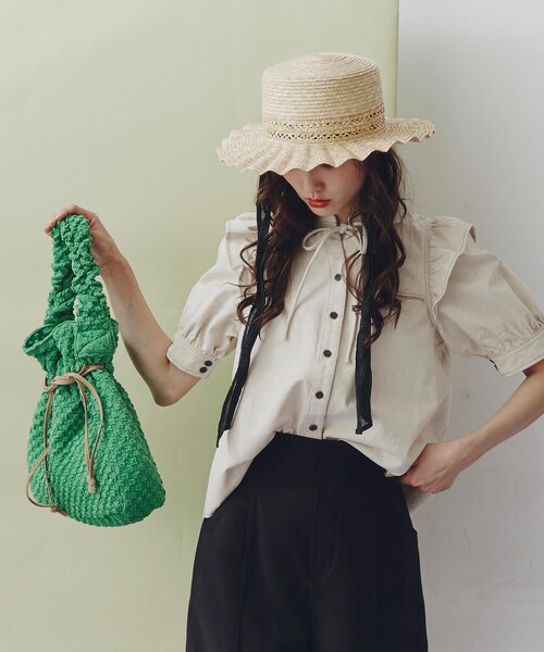 FREE'S MART（フリーズマート）の「◆ドローイング巾着バッグ（ハンドバッグ・レディース・ホワイト/ブラック/グリーン・ﾌﾘ-）」の16枚目の写真