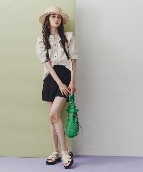 FREE'S MART（フリーズマート）の「◆ドローイング巾着バッグ（ハンドバッグ・レディース・ホワイト/ブラック/グリーン・ﾌﾘ-）」の15枚目の写真