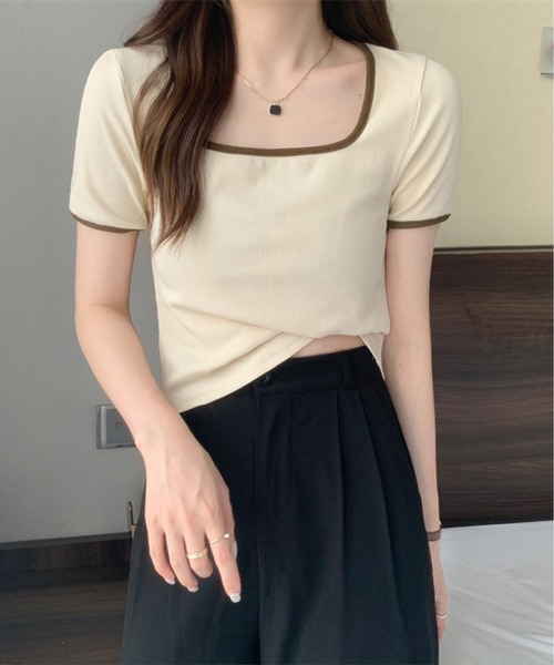 Chick（チック）の「バイカラースクエアネックTシャツ（Tシャツ/カットソー・レディース・ホワイト/ブラック/ライトベージュ・FREE）」の9枚目の写真