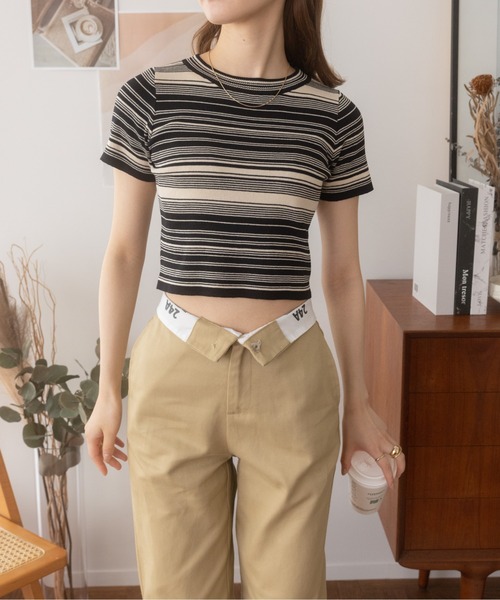 Ada.(エイダ)の「今なら490円!マルチボーダー コンパクトニット チビT(Tシャツ/カットソー・レディース・マスタード/グリーン/ブラック・FREE)」の12枚目の写真