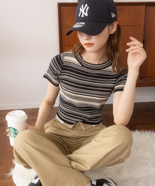 Ada.(エイダ)の「今なら490円!マルチボーダー コンパクトニット チビT(Tシャツ/カットソー・レディース・マスタード/グリーン/ブラック・FREE)」の15枚目の写真