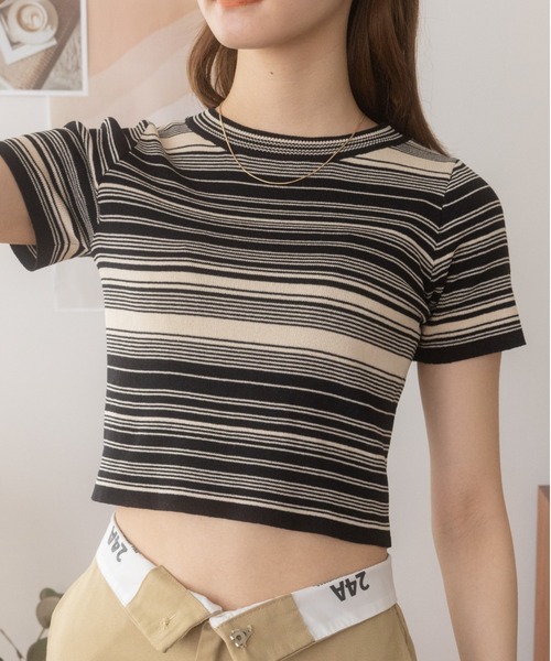 Ada.(エイダ)の「今なら490円!マルチボーダー コンパクトニット チビT(Tシャツ/カットソー・レディース・マスタード/グリーン/ブラック・FREE)」の7枚目の写真