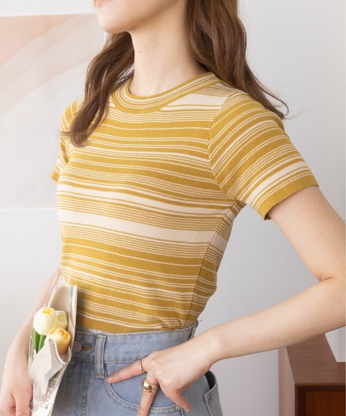 Ada.(エイダ)の「今なら490円!マルチボーダー コンパクトニット チビT(Tシャツ/カットソー・レディース・マスタード/グリーン/ブラック・FREE)」の11枚目の写真