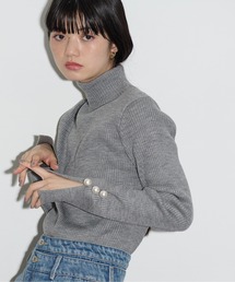 ビッグパールカフハイネックリブニットトップス
