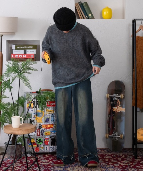 モヘアライクレトロ配色シャギーニット（ニット/セーター