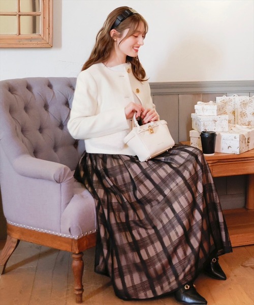 SWINGLE（スウィングル）の「シアーレースチェックフレアスカート（スカート・レディース・ブルー/ホワイト系その他6/カーキ・MEDIUM）」の2枚目の写真