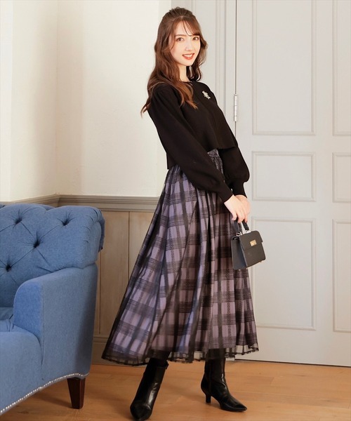 SWINGLE（スウィングル）の「シアーレースチェックフレアスカート（スカート・レディース・ブルー/ホワイト系その他6/カーキ・MEDIUM）」の3枚目の写真