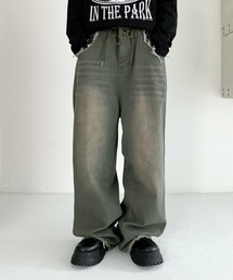 [UNISEX][ストリートファッションアイテム][ウエスト紐で調節可能] ヴィンテージクランジストリングデニムウォッシュワイドパンツ