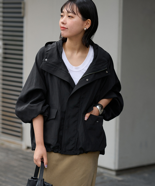 FRAMeWORK リネンPLタッサーフードショートブルゾン　キャメル FRAMeWORK（フレームワーク）の「リネンPLタッサーフードショート