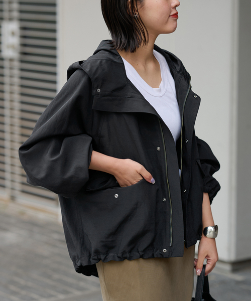 FRAMeWORK リネンPLタッサーフードショートブルゾン　キャメル FRAMeWORK（フレームワーク）の「リネンPLタッサーフードショート