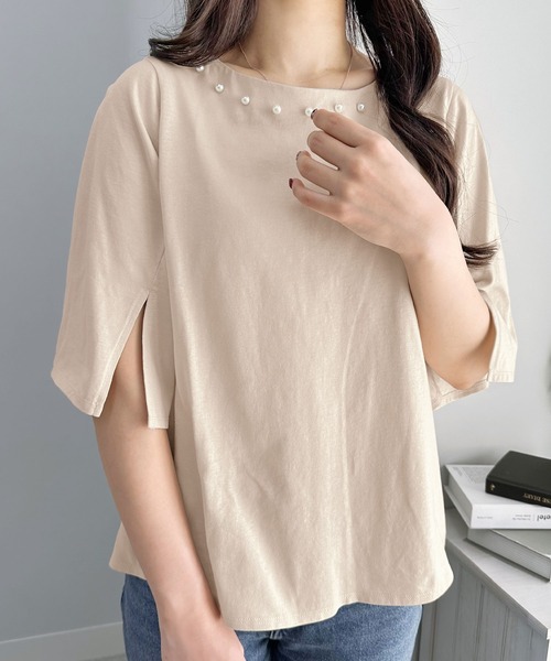 alotta（アロッタ）の「さらひやりコットンパール調デザインＴシャツ（Tシャツ/カットソー・レディース・ホワイト/ライトベージュ/ラベンダー/ブラック/ブルー・3L/LL/L/M）」の3枚目の写真