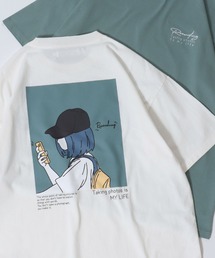 SITRY Girl Illustration Back Print T-shirt/別注 オーバーサイズ ガール イラスト バックプリント ワンポイント刺繍 半袖Ｔシャツ レディース メンズ
