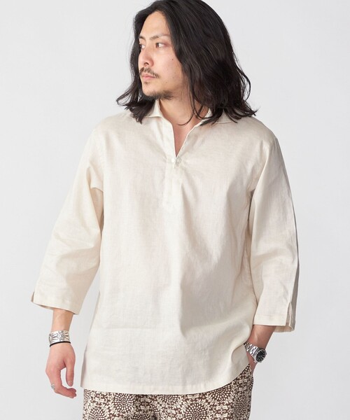 24SS シップス SOLOTEX(R) リネン 7スリーブ カプリシャツ L セール】SHIPS: SOLOTEX(R) リネン 7スリーブ カプリシャツ