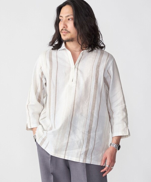 24SS シップス SOLOTEX(R) リネン 7スリーブ カプリシャツ L セール】SHIPS: SOLOTEX(R) リネン 7スリーブ カプリシャツ