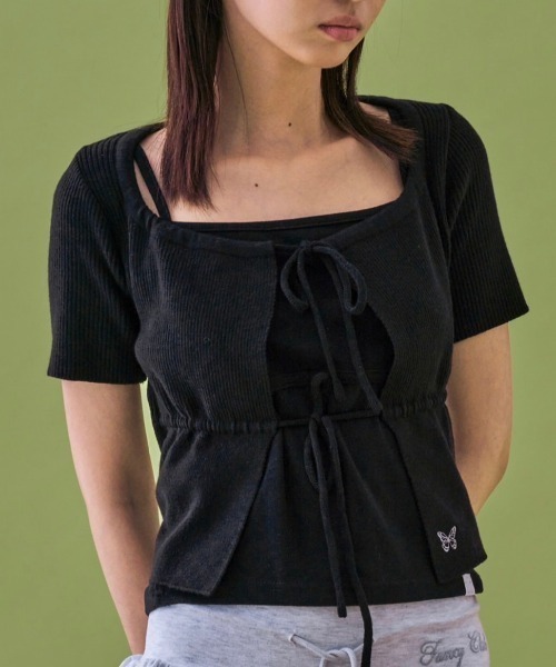 FANCY CLUB(ファンシークラブ)の「【FANCY CLUB】TWO-RIBBON CROP CARDIGAN / 【ファンシークラブ】ツーリボンクロップ長袖カーディガン(カーディガン/ボレロ・レディース・ライトブルー/ブラック・ONE SIZE)」の4枚目の写真