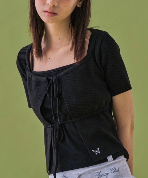 FANCY CLUB(ファンシークラブ)の「【FANCY CLUB】TWO-RIBBON CROP CARDIGAN / 【ファンシークラブ】ツーリボンクロップ長袖カーディガン(カーディガン/ボレロ・レディース・ライトブルー/ブラック・ONE SIZE)」の5枚目の写真