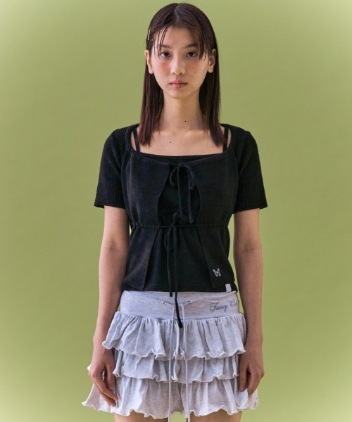 FANCY CLUB(ファンシークラブ)の「【FANCY CLUB】TWO-RIBBON CROP CARDIGAN / 【ファンシークラブ】ツーリボンクロップ長袖カーディガン(カーディガン/ボレロ・レディース・ライトブルー/ブラック・ONE SIZE)」の7枚目の写真