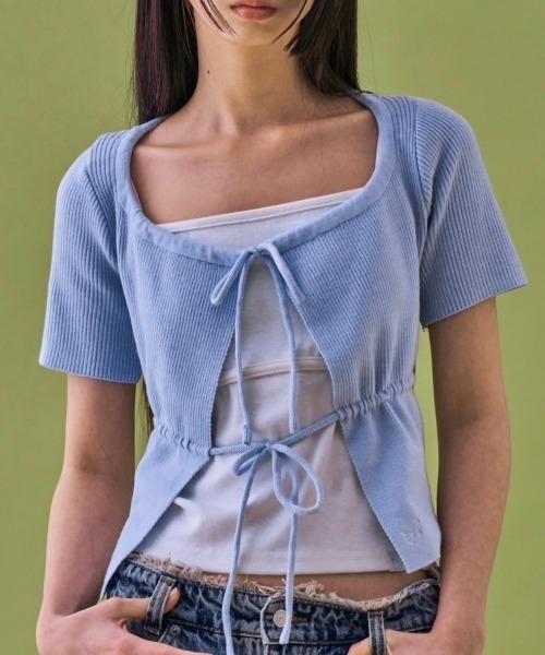 FANCY CLUB(ファンシークラブ)の「【FANCY CLUB】TWO-RIBBON CROP CARDIGAN / 【ファンシークラブ】ツーリボンクロップ長袖カーディガン(カーディガン/ボレロ・レディース・ライトブルー/ブラック・ONE SIZE)」の14枚目の写真