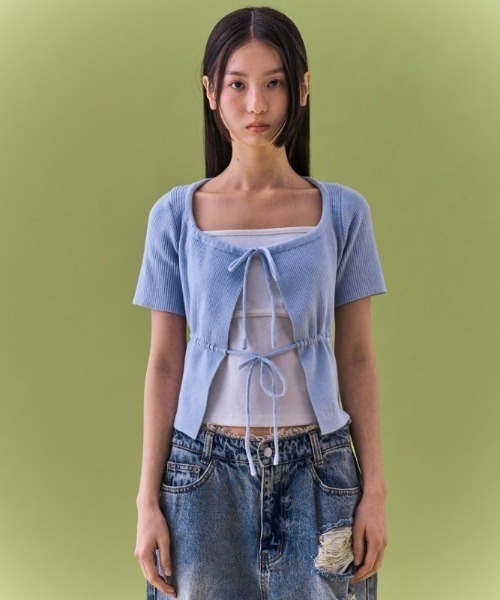 FANCY CLUB(ファンシークラブ)の「【FANCY CLUB】TWO-RIBBON CROP CARDIGAN / 【ファンシークラブ】ツーリボンクロップ長袖カーディガン(カーディガン/ボレロ・レディース・ライトブルー/ブラック・ONE SIZE)」の16枚目の写真