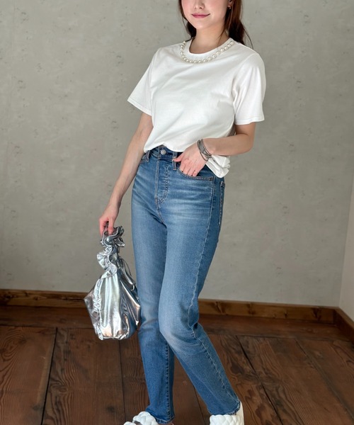Per sist ence(パーシエンス)の「天竺衿ぐりパール付きTシャツ/手洗い可(Tシャツ/カットソー・レディース・イエロー/ブラック/オフホワイト・FREE)」の8枚目の写真