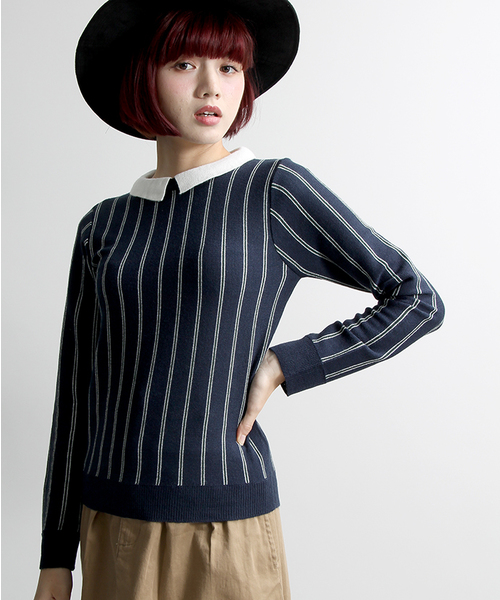 WEGO（ウィゴー）の「WEGO/襟付きレトロカラーニット（ニット/セーター・レディース・ブルー系その他/ブラック/オフホワイト/マスタード/杢グレー/グレー系その他・FREE）」の5枚目の写真