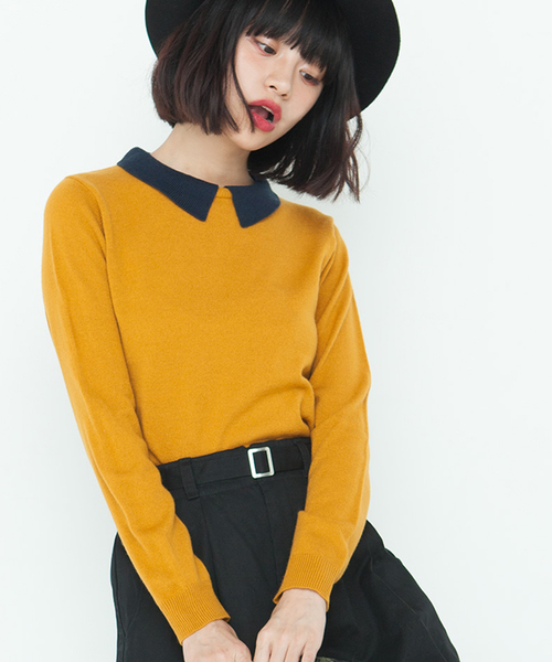 WEGO（ウィゴー）の「WEGO/襟付きレトロカラーニット（ニット/セーター・レディース・ブルー系その他/ブラック/オフホワイト/マスタード/杢グレー/グレー系その他・FREE）」の6枚目の写真