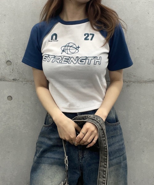 ROGER AND RAW(ロジャーアンドロウ)の「袖配色ショート丈リブTシャツ(Tシャツ/カットソー・レディース・ネイビー/ホワイト/ピンク/ブラック・FREE)」の19枚目の写真