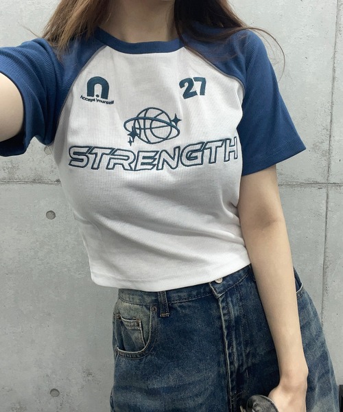 ROGER AND RAW(ロジャーアンドロウ)の「袖配色ショート丈リブTシャツ(Tシャツ/カットソー・レディース・ネイビー/ホワイト/ピンク/ブラック・FREE)」の20枚目の写真