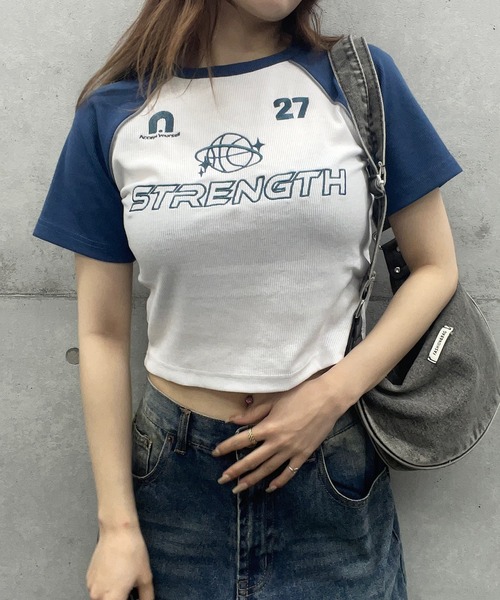 ROGER AND RAW(ロジャーアンドロウ)の「袖配色ショート丈リブTシャツ(Tシャツ/カットソー・レディース・ネイビー/ホワイト/ピンク/ブラック・FREE)」の22枚目の写真