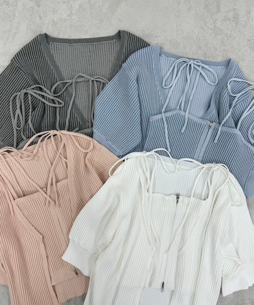 one after another NICE CLAUP（ワンアフターアナザーナイスクラップ）の「【セットアイテム】肩リボンキャミ+カーディガンリブニット（ニット/セーター・レディース・チャコールグレー/オフホワイト/サックスブルー/ピンク・FREE）」の5枚目の写真