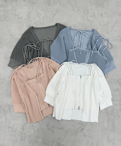 one after another NICE CLAUP（ワンアフターアナザーナイスクラップ）の「【セットアイテム】肩リボンキャミ+カーディガンリブニット（ニット/セーター・レディース・チャコールグレー/オフホワイト/サックスブルー/ピンク・FREE）」の6枚目の写真