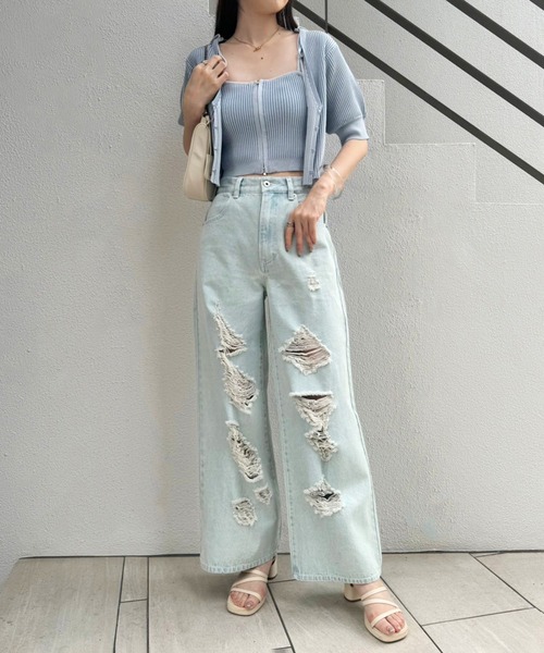 one after another NICE CLAUP（ワンアフターアナザーナイスクラップ）の「【セットアイテム】肩リボンキャミ+カーディガンリブニット（ニット/セーター・レディース・チャコールグレー/オフホワイト/サックスブルー/ピンク・FREE）」の13枚目の写真