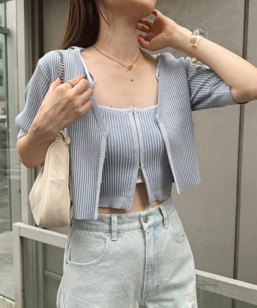 one after another NICE CLAUP（ワンアフターアナザーナイスクラップ）の「【セットアイテム】肩リボンキャミ+カーディガンリブニット（ニット/セーター・レディース・チャコールグレー/オフホワイト/サックスブルー/ピンク・FREE）」の10枚目の写真