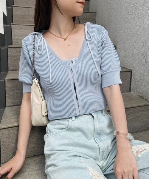 one after another NICE CLAUP（ワンアフターアナザーナイスクラップ）の「【セットアイテム】肩リボンキャミ+カーディガンリブニット（ニット/セーター・レディース・チャコールグレー/オフホワイト/サックスブルー/ピンク・FREE）」の9枚目の写真