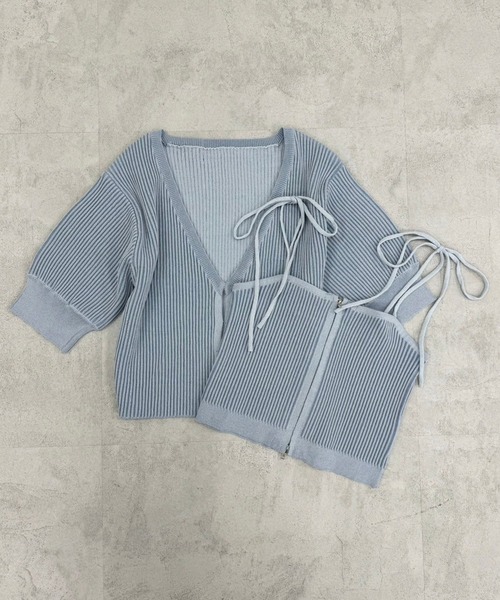 one after another NICE CLAUP（ワンアフターアナザーナイスクラップ）の「【セットアイテム】肩リボンキャミ+カーディガンリブニット（ニット/セーター・レディース・チャコールグレー/オフホワイト/サックスブルー/ピンク・FREE）」の7枚目の写真