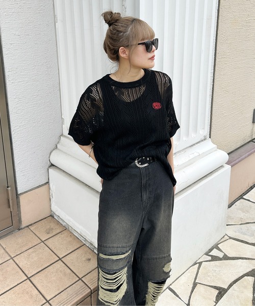 sedacle(セダクル)の「バイパターン透かしニット(Tシャツ/カットソー・レディース・アイボリー/レッド/ブラック・SMALL/LARGE/MEDIUM)」の21枚目の写真