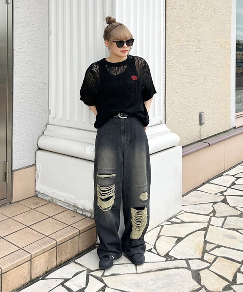 sedacle(セダクル)の「バイパターン透かしニット(Tシャツ/カットソー・レディース・アイボリー/レッド/ブラック・SMALL/LARGE/MEDIUM)」の19枚目の写真
